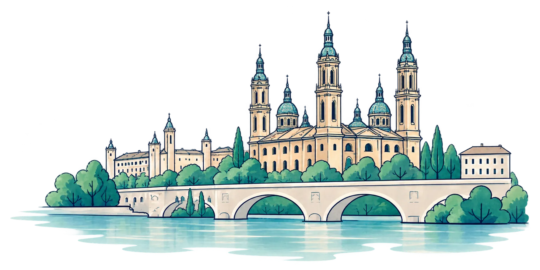 Ilustración de la basílica del Pilar y un puente sobre el Ebro